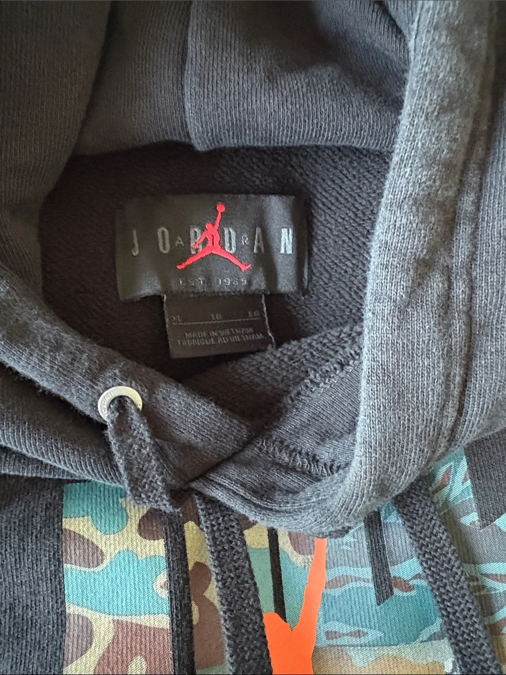Jordan Black Crewneck Hoodie with Orange Jumpman and Camo Graphic